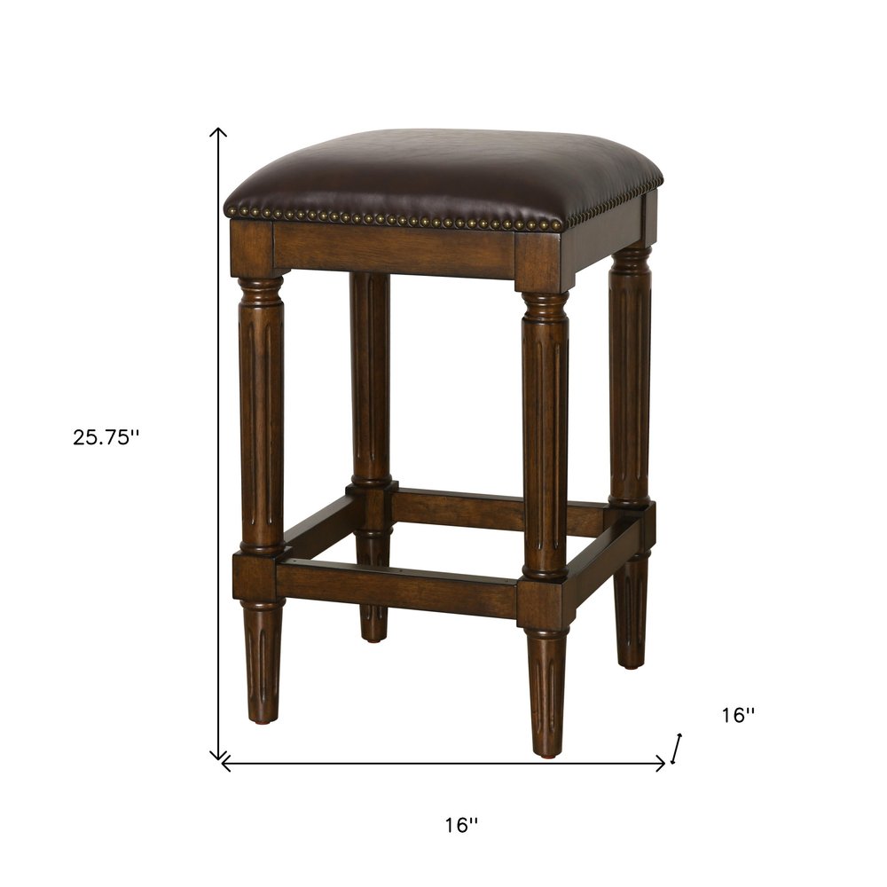27" Brown And Dark Brown Fabric And Solid Wood Backless Counter Height Bar Chair
