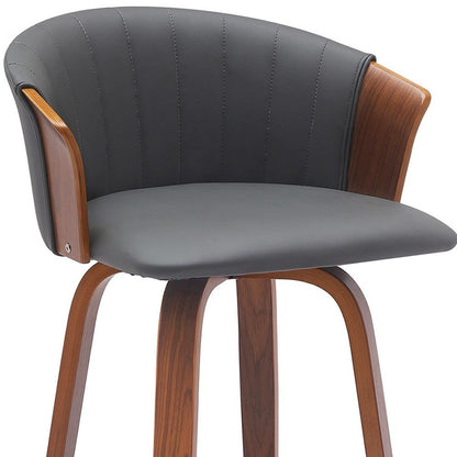 26" Gray And Brown Faux Leather And Fabric And Solid Wood Counter Height Swivel Bar Chair