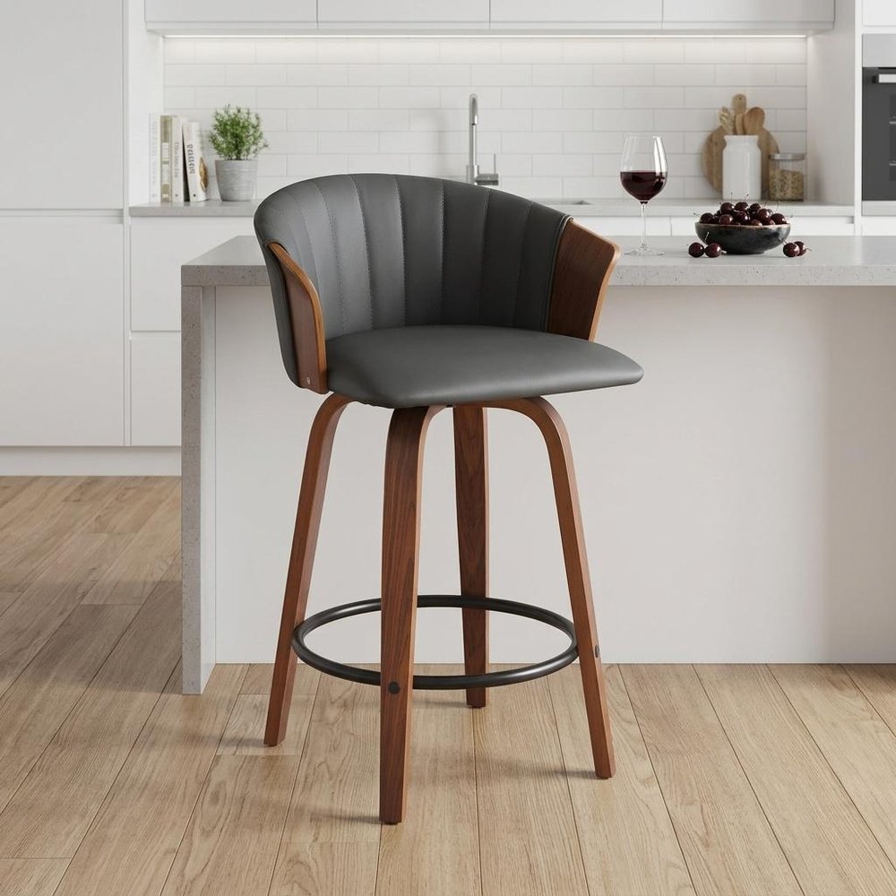26" Gray And Brown Faux Leather And Fabric And Solid Wood Counter Height Swivel Bar Chair