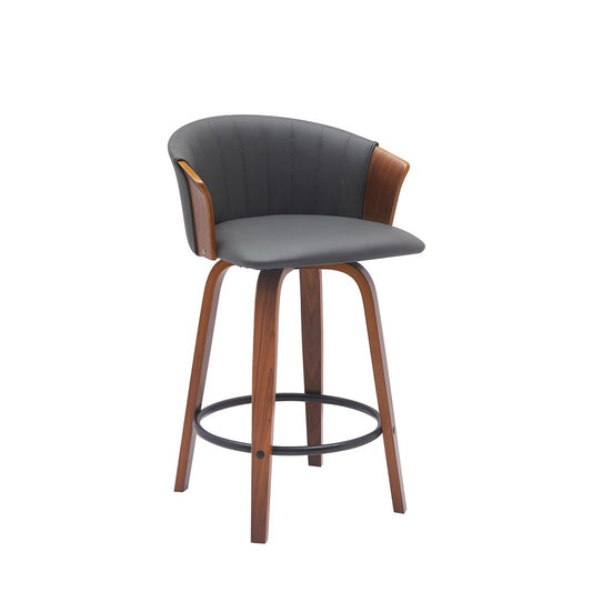 26" Gray And Brown Faux Leather And Fabric And Solid Wood Counter Height Swivel Bar Chair