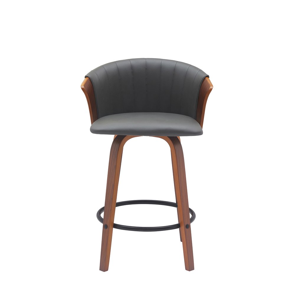 26" Gray And Brown Faux Leather And Fabric And Solid Wood Counter Height Swivel Bar Chair