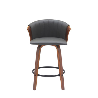 26" Gray And Brown Faux Leather And Fabric And Solid Wood Counter Height Swivel Bar Chair