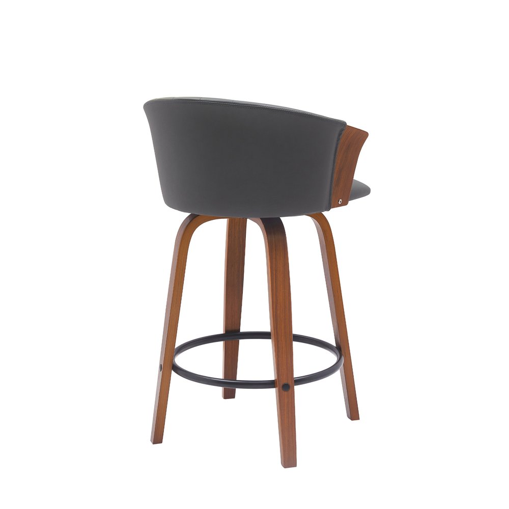26" Gray And Brown Faux Leather And Fabric And Solid Wood Counter Height Swivel Bar Chair