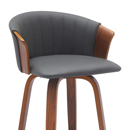 26" Gray And Brown Faux Leather And Fabric And Solid Wood Counter Height Swivel Bar Chair