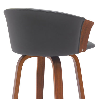 26" Gray And Brown Faux Leather And Fabric And Solid Wood Counter Height Swivel Bar Chair