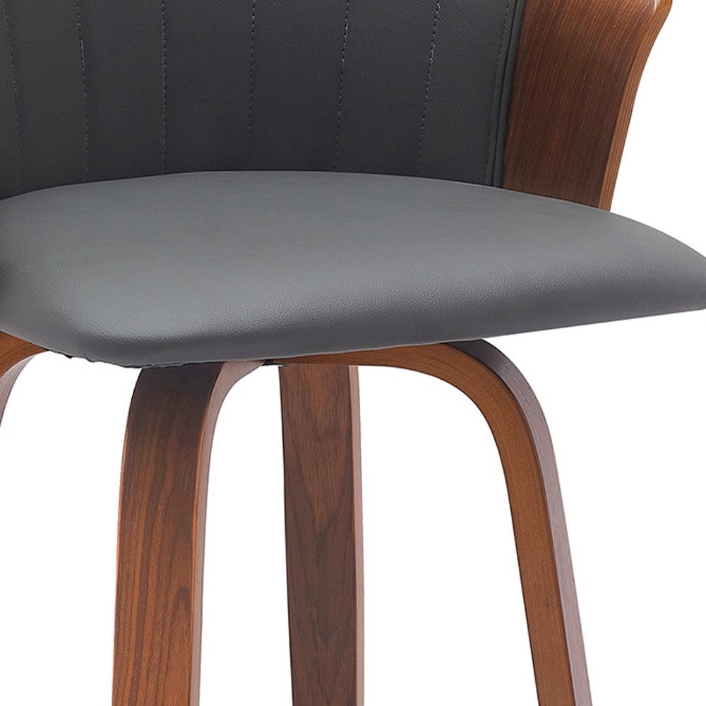 26" Gray And Brown Faux Leather And Fabric And Solid Wood Counter Height Swivel Bar Chair