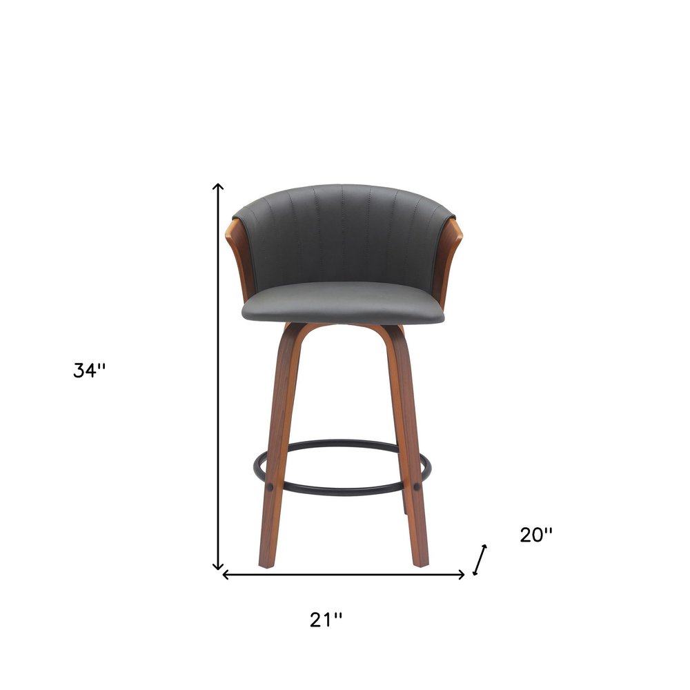 26" Gray And Brown Faux Leather And Fabric And Solid Wood Counter Height Swivel Bar Chair