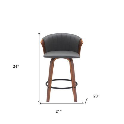 26" Gray And Brown Faux Leather And Fabric And Solid Wood Counter Height Swivel Bar Chair