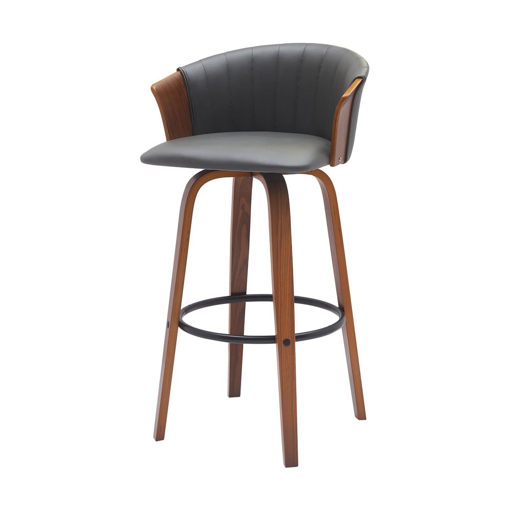 30" Gray And Brown Faux Leather And Fabric And Wood Bar Height Swivel Bar Chair