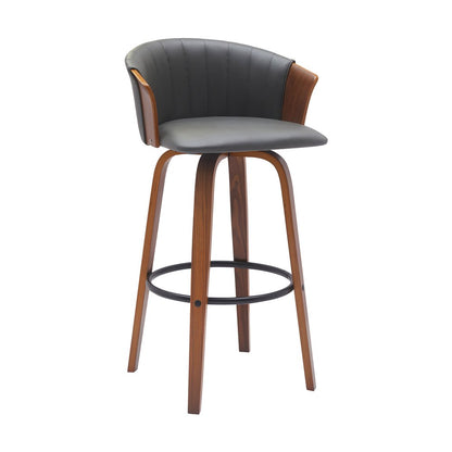 30" Gray And Brown Faux Leather And Fabric And Wood Bar Height Swivel Bar Chair