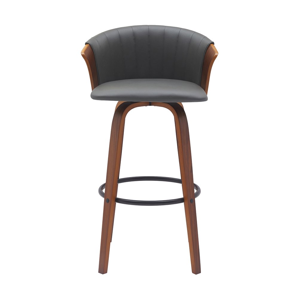 30" Gray And Brown Faux Leather And Fabric And Wood Bar Height Swivel Bar Chair