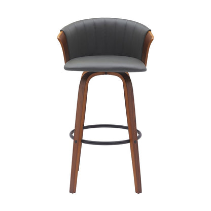 30" Gray And Brown Faux Leather And Fabric And Wood Bar Height Swivel Bar Chair