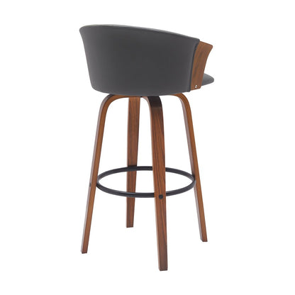 30" Gray And Brown Faux Leather And Fabric And Wood Bar Height Swivel Bar Chair