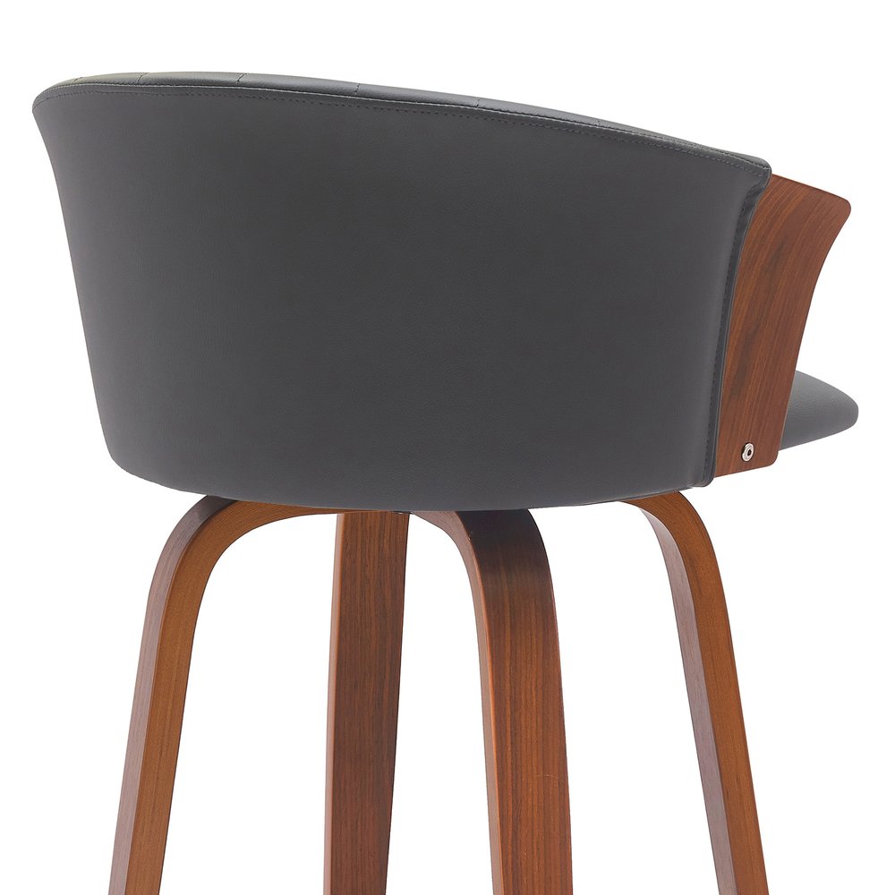 30" Gray And Brown Faux Leather And Fabric And Wood Bar Height Swivel Bar Chair