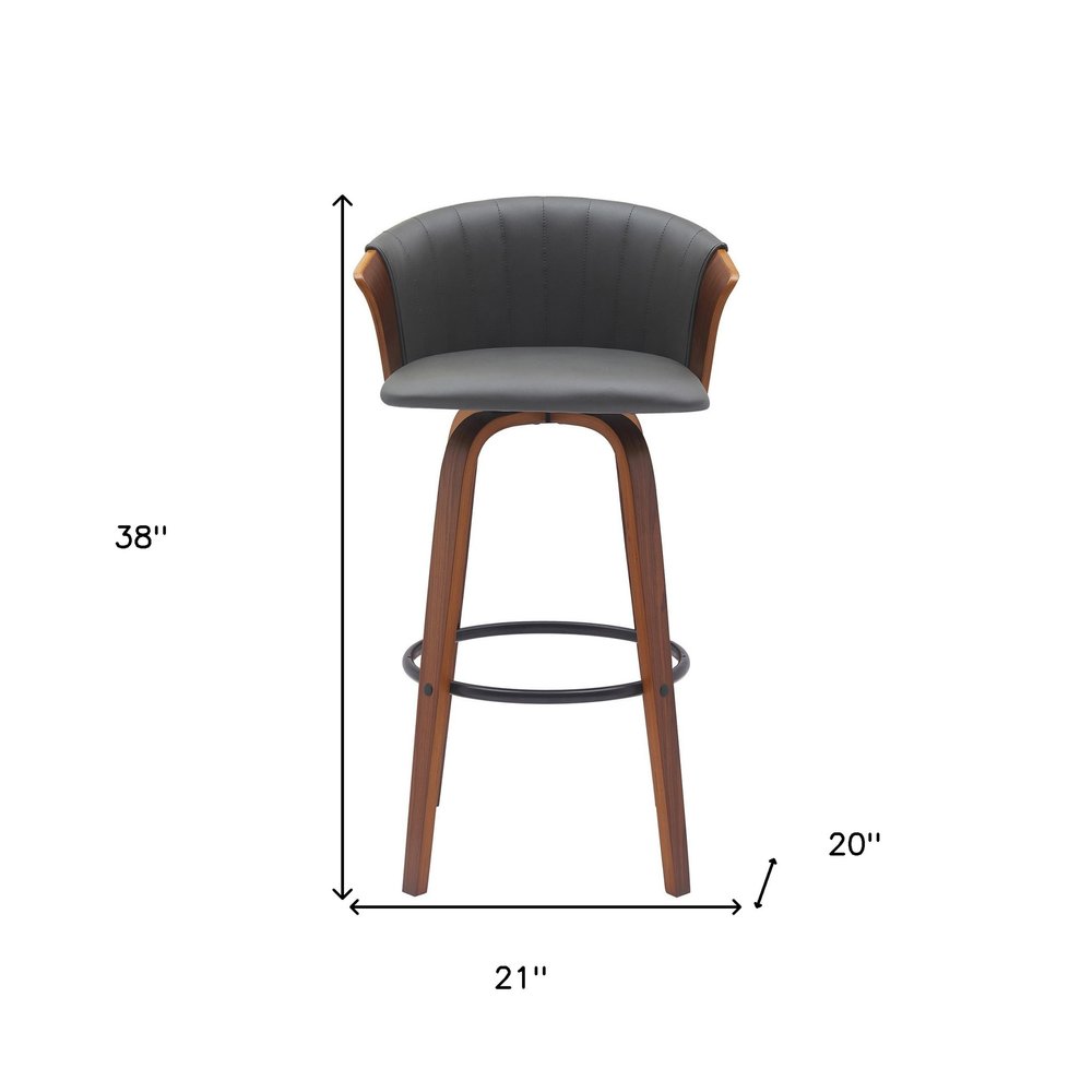 30" Gray And Brown Faux Leather And Fabric And Wood Bar Height Swivel Bar Chair