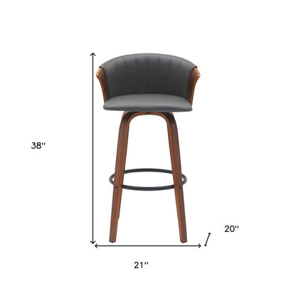 30" Gray And Brown Faux Leather And Fabric And Wood Bar Height Swivel Bar Chair