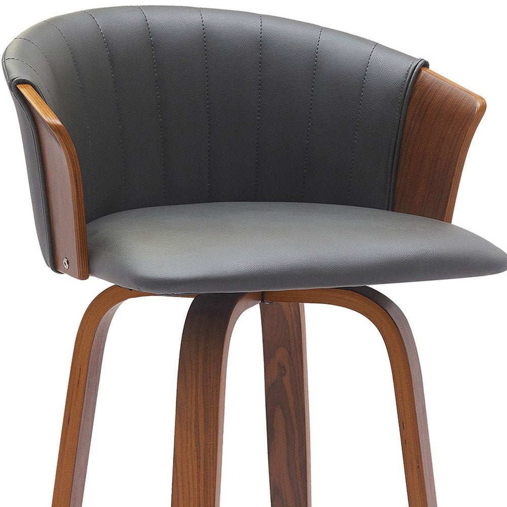 30" Gray And Brown Faux Leather And Fabric And Wood Bar Height Swivel Bar Chair