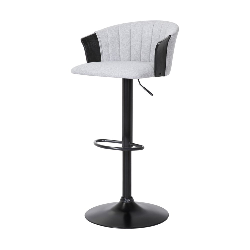Light Gray And Black Fabric And Metal Adjustable Height Swivel Bar Chair