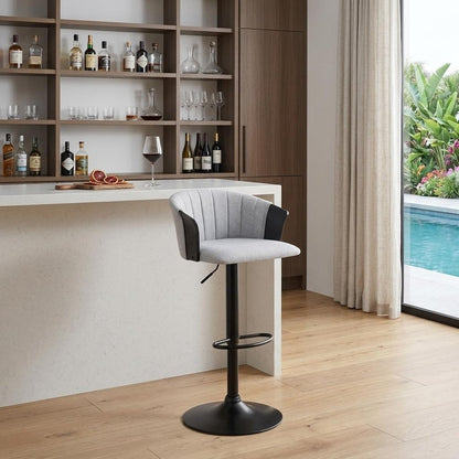 Light Gray And Black Fabric And Metal Adjustable Height Swivel Bar Chair
