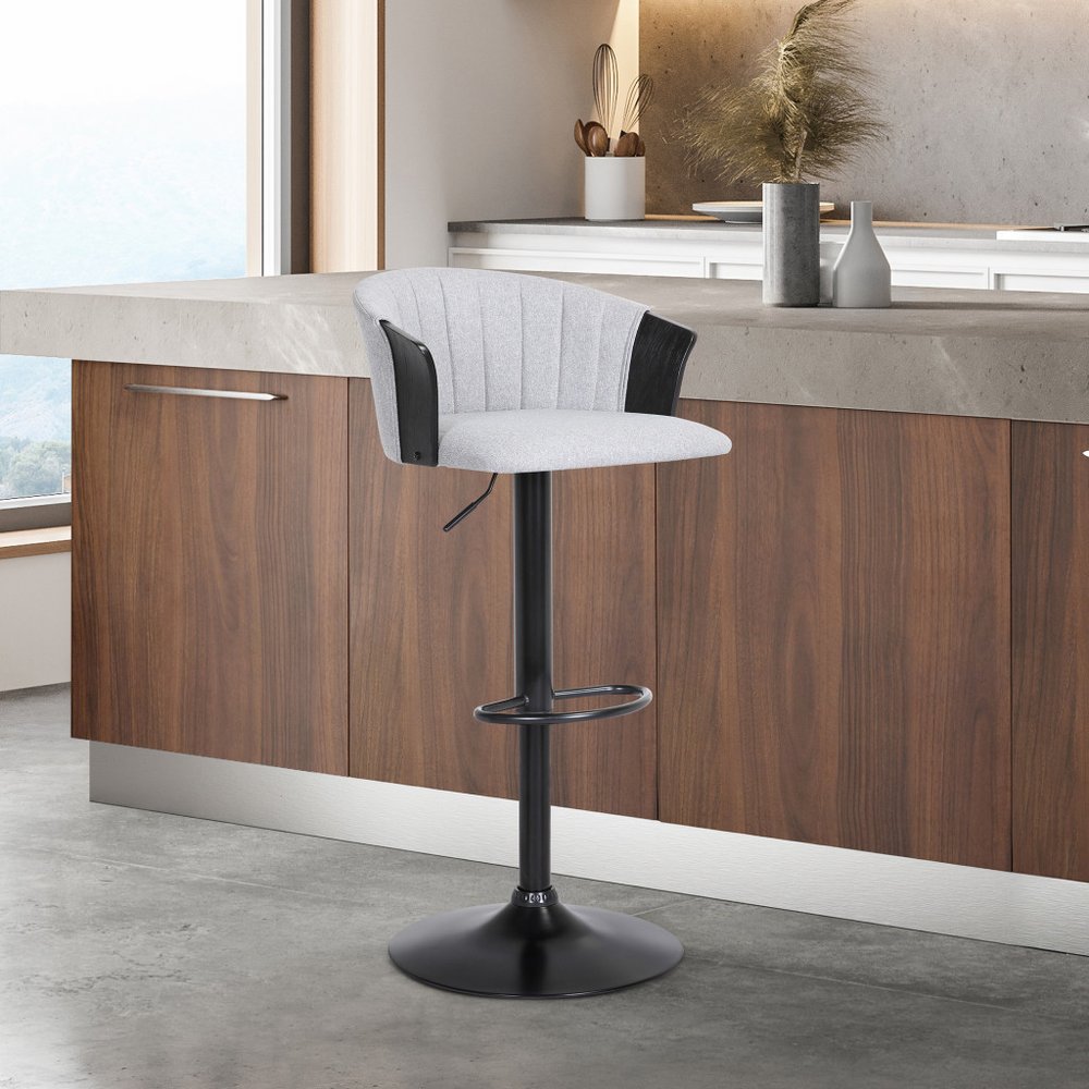 Light Gray And Black Fabric And Metal Adjustable Height Swivel Bar Chair