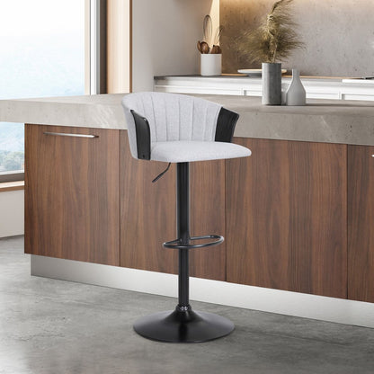 Light Gray And Black Fabric And Metal Adjustable Height Swivel Bar Chair