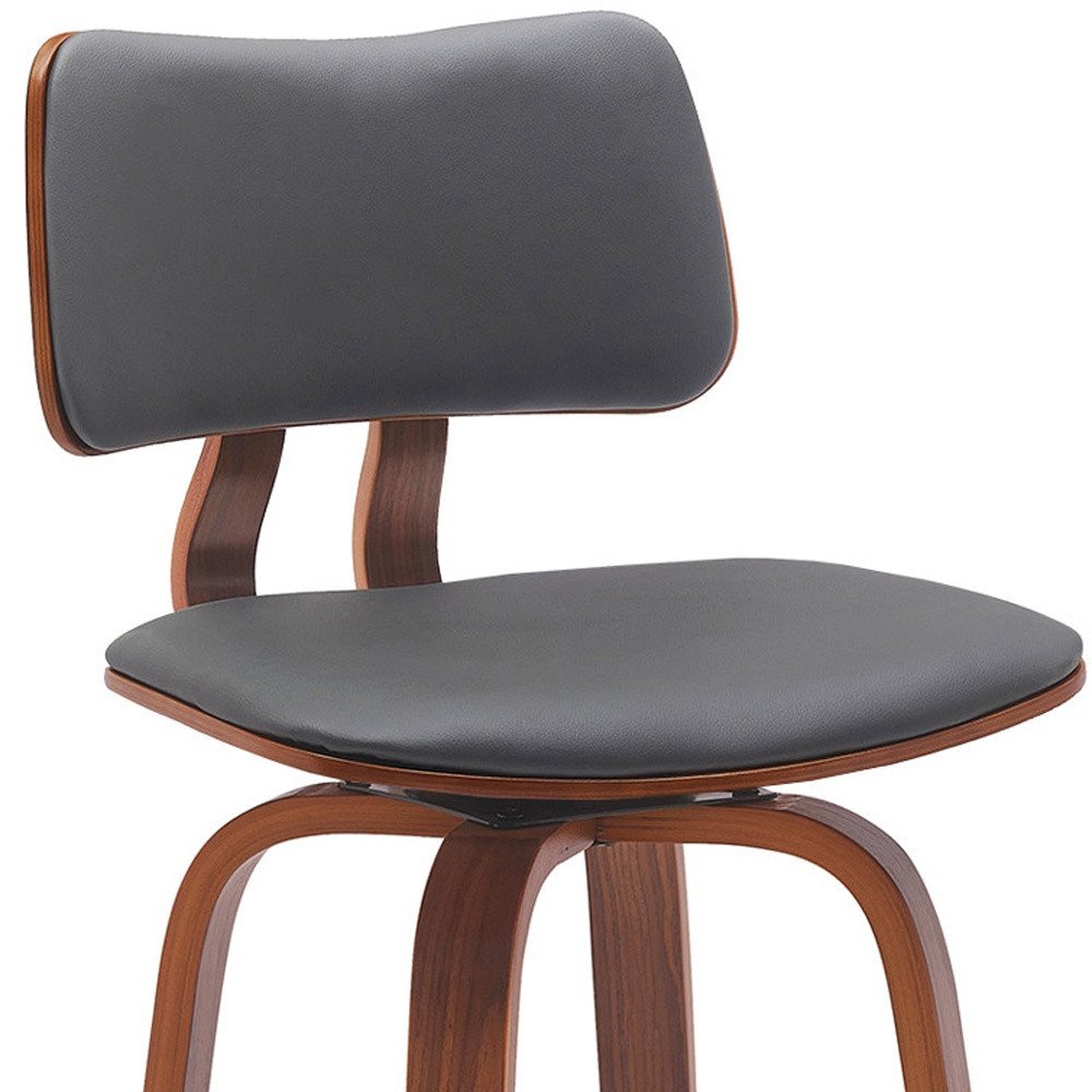 26" Gray And Brown Faux Leather And Fabric And Wood Low Back Counter Height Swivel Bar Chair