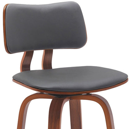 26" Gray And Brown Faux Leather And Fabric And Wood Low Back Counter Height Swivel Bar Chair