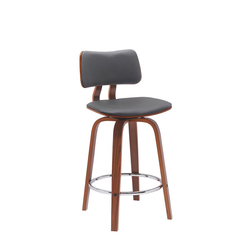 26" Gray And Brown Faux Leather And Fabric And Wood Low Back Counter Height Swivel Bar Chair