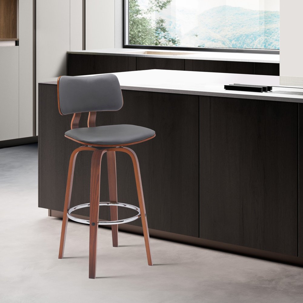 26" Gray And Brown Faux Leather And Fabric And Wood Low Back Counter Height Swivel Bar Chair