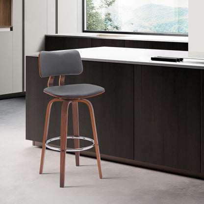 26" Gray And Brown Faux Leather And Fabric And Wood Low Back Counter Height Swivel Bar Chair