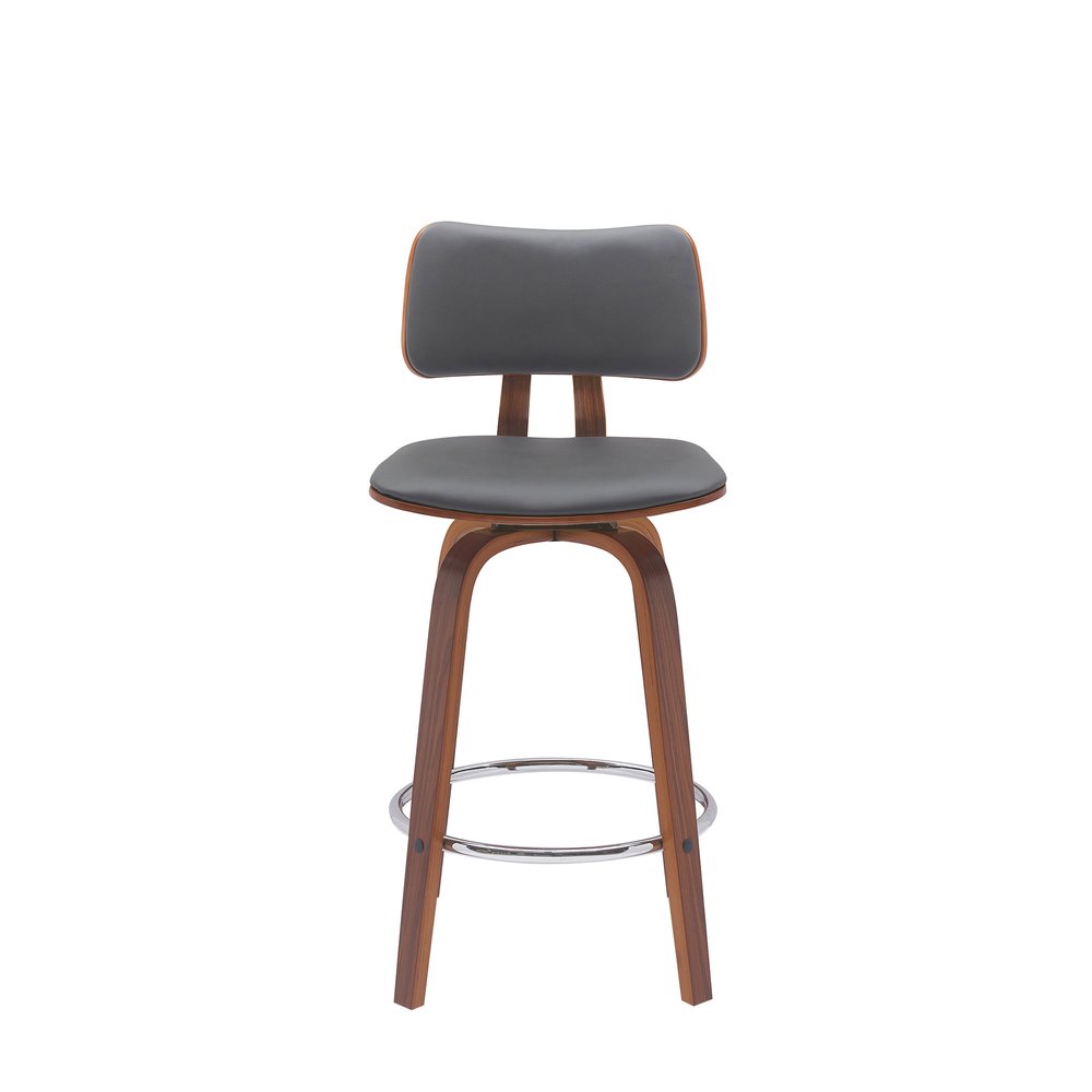 26" Gray And Brown Faux Leather And Fabric And Wood Low Back Counter Height Swivel Bar Chair
