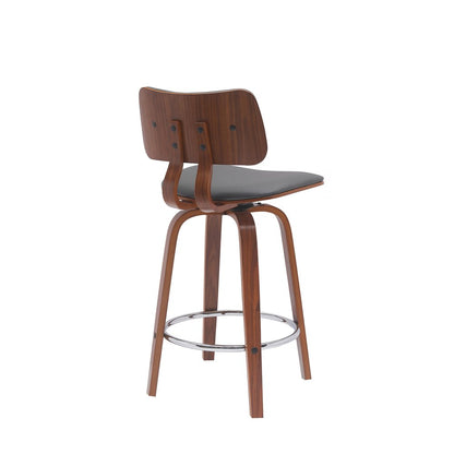26" Gray And Brown Faux Leather And Fabric And Wood Low Back Counter Height Swivel Bar Chair