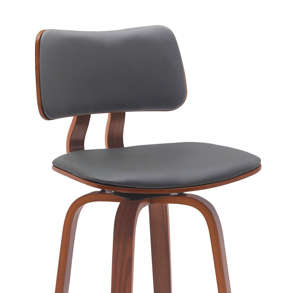 26" Gray And Brown Faux Leather And Fabric And Wood Low Back Counter Height Swivel Bar Chair