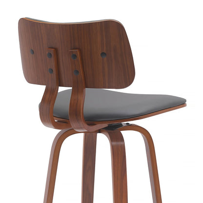 26" Gray And Brown Faux Leather And Fabric And Wood Low Back Counter Height Swivel Bar Chair