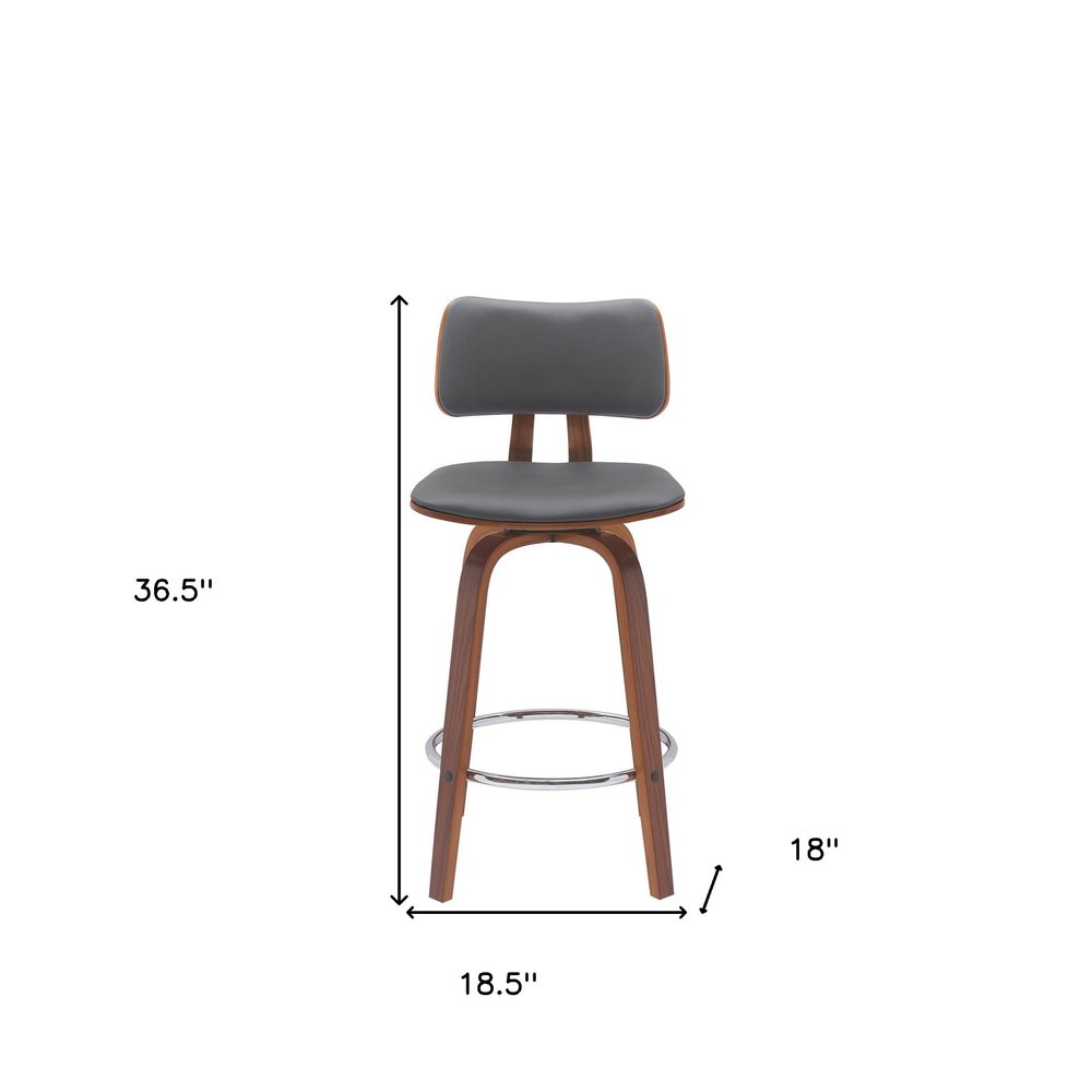 26" Gray And Brown Faux Leather And Fabric And Wood Low Back Counter Height Swivel Bar Chair