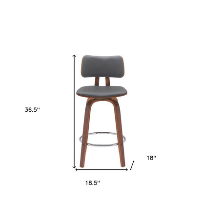26" Gray And Brown Faux Leather And Fabric And Wood Low Back Counter Height Swivel Bar Chair