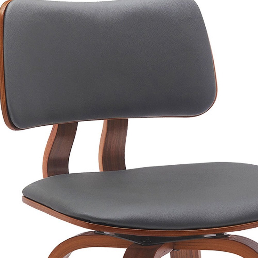 26" Gray And Brown Faux Leather And Fabric And Wood Low Back Counter Height Swivel Bar Chair