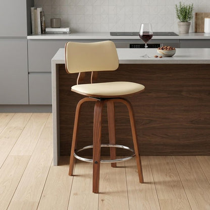 26" Cream And Brown Faux Leather And Fabric And Wood Low Back Counter Height Swivel Bar Chair
