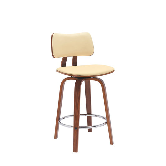 26" Cream And Brown Faux Leather And Fabric And Wood Low Back Counter Height Swivel Bar Chair