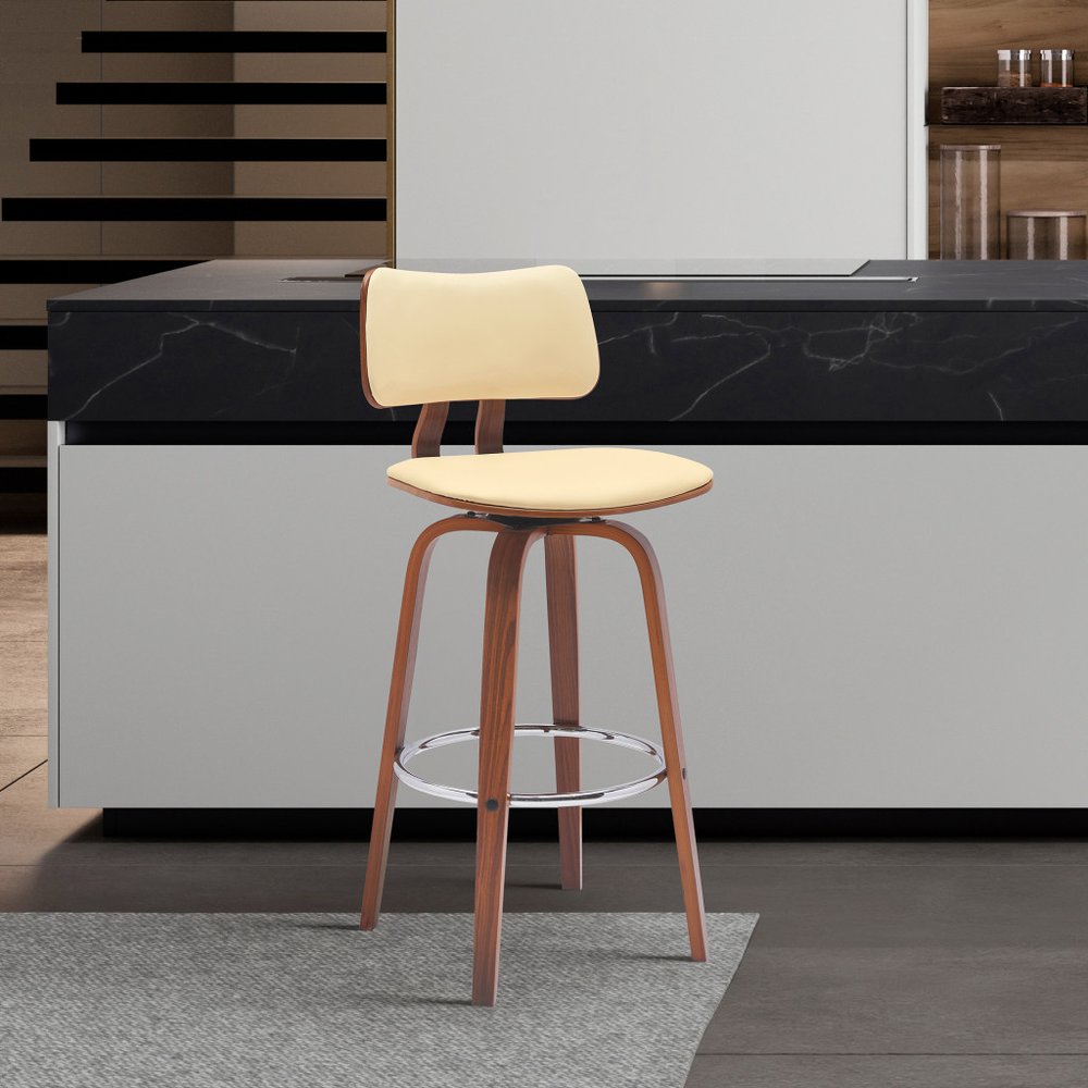 26" Cream And Brown Faux Leather And Fabric And Wood Low Back Counter Height Swivel Bar Chair