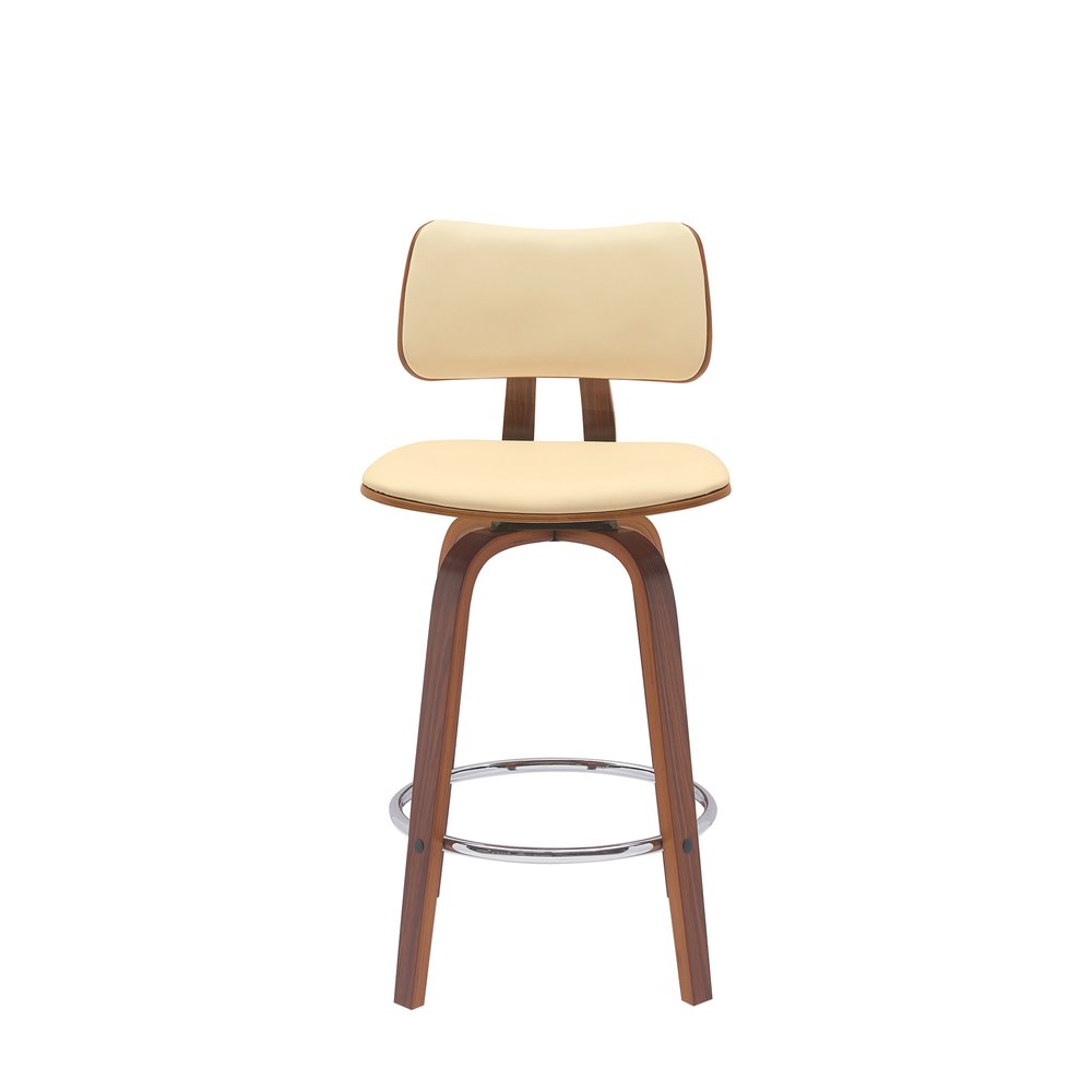 26" Cream And Brown Faux Leather And Fabric And Wood Low Back Counter Height Swivel Bar Chair
