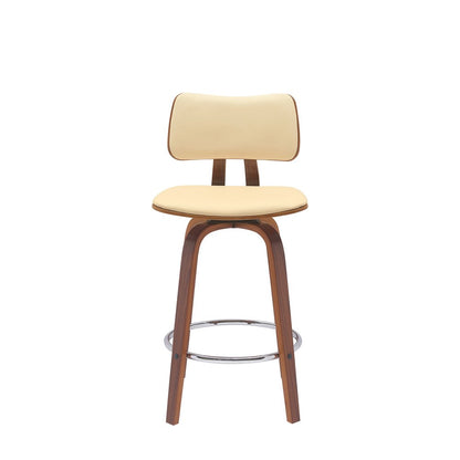 26" Cream And Brown Faux Leather And Fabric And Wood Low Back Counter Height Swivel Bar Chair