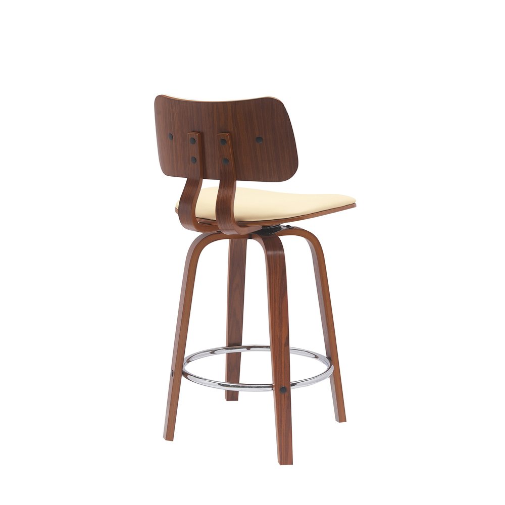 26" Cream And Brown Faux Leather And Fabric And Wood Low Back Counter Height Swivel Bar Chair
