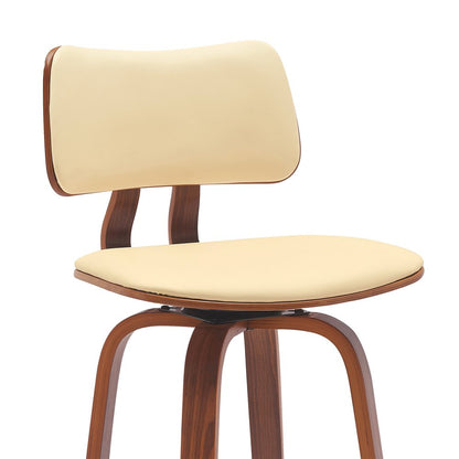 26" Cream And Brown Faux Leather And Fabric And Wood Low Back Counter Height Swivel Bar Chair