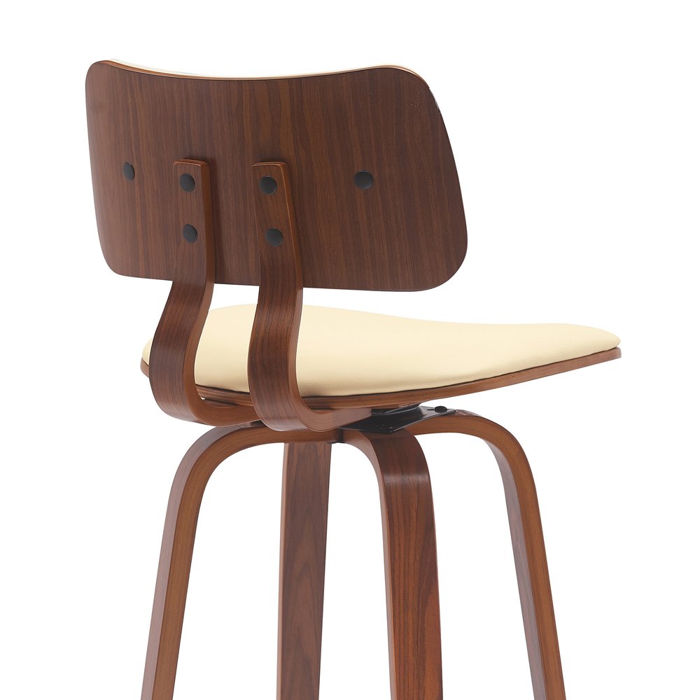 26" Cream And Brown Faux Leather And Fabric And Wood Low Back Counter Height Swivel Bar Chair