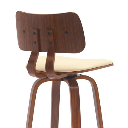 26" Cream And Brown Faux Leather And Fabric And Wood Low Back Counter Height Swivel Bar Chair