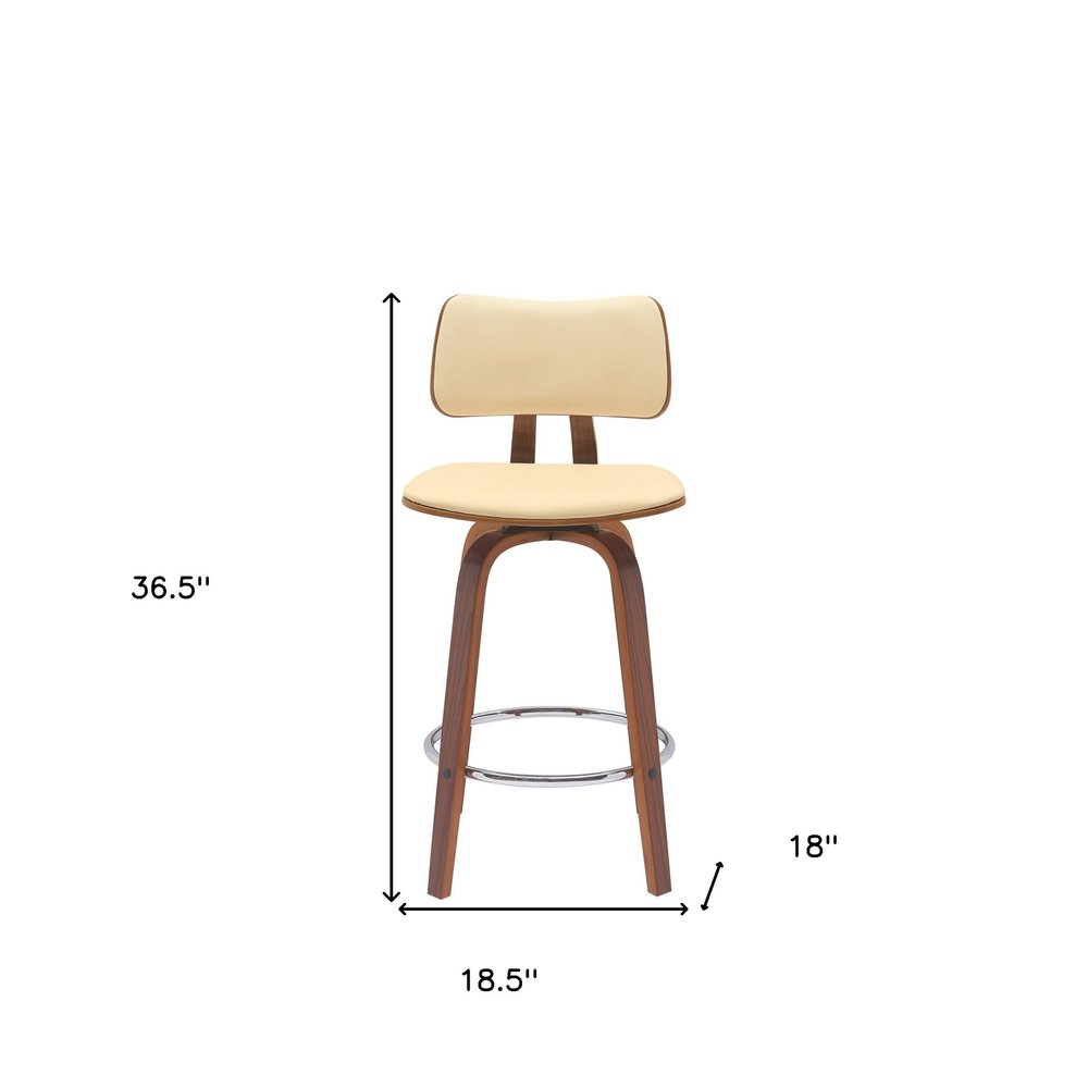 26" Cream And Brown Faux Leather And Fabric And Wood Low Back Counter Height Swivel Bar Chair