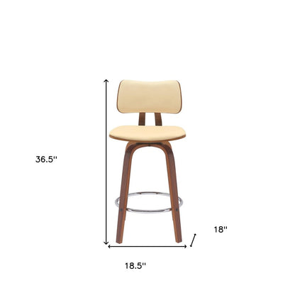 26" Cream And Brown Faux Leather And Fabric And Wood Low Back Counter Height Swivel Bar Chair