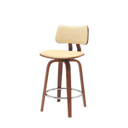 26" Cream And Brown Faux Leather And Fabric And Wood Low Back Counter Height Swivel Bar Chair