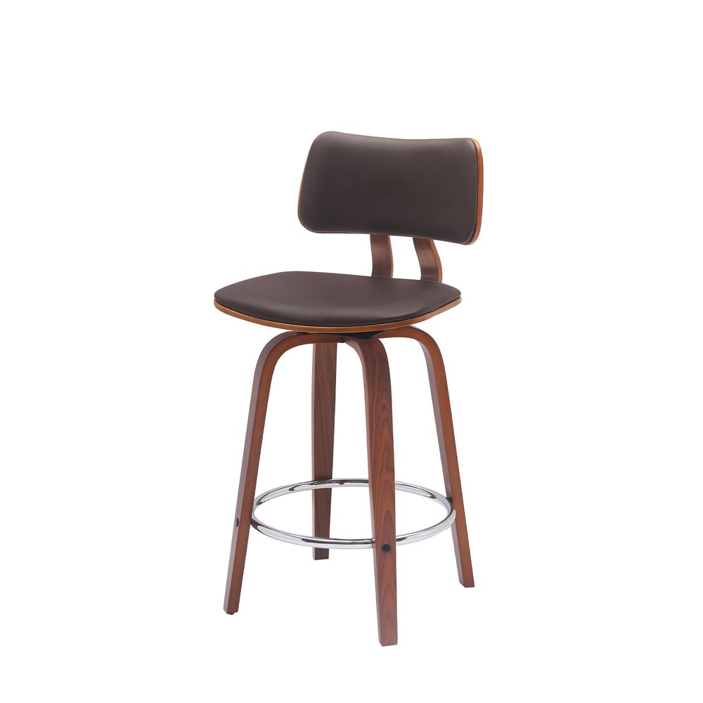 26" Brown Faux Leather And Fabric And Wood Low Back Counter Height Swivel Bar Chair